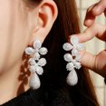 thumbnail image 2 of Fashion White Gold CZ 925 Silver Long Leaf Drop Earring for Women Brides Wedding, 2 of 8
