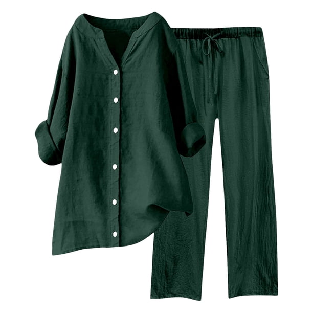 Conjuntos de 2 piezas para mujer: blusa de pierna ancha y pantalones elásticos. Camisa informal con cuello en V y bolsillos. Ropa urbana para todas las estaciones.
