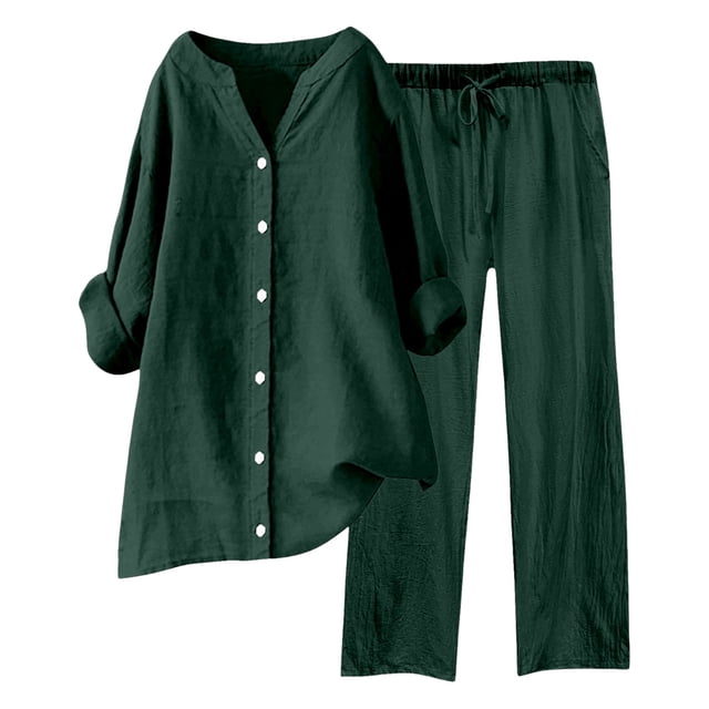 Conjuntos de 2 piezas para mujer: blusa de pierna ancha y pantalones elásticos. Camisa informal con cuello en V y bolsillos. Ropa urbana para todas las estaciones.