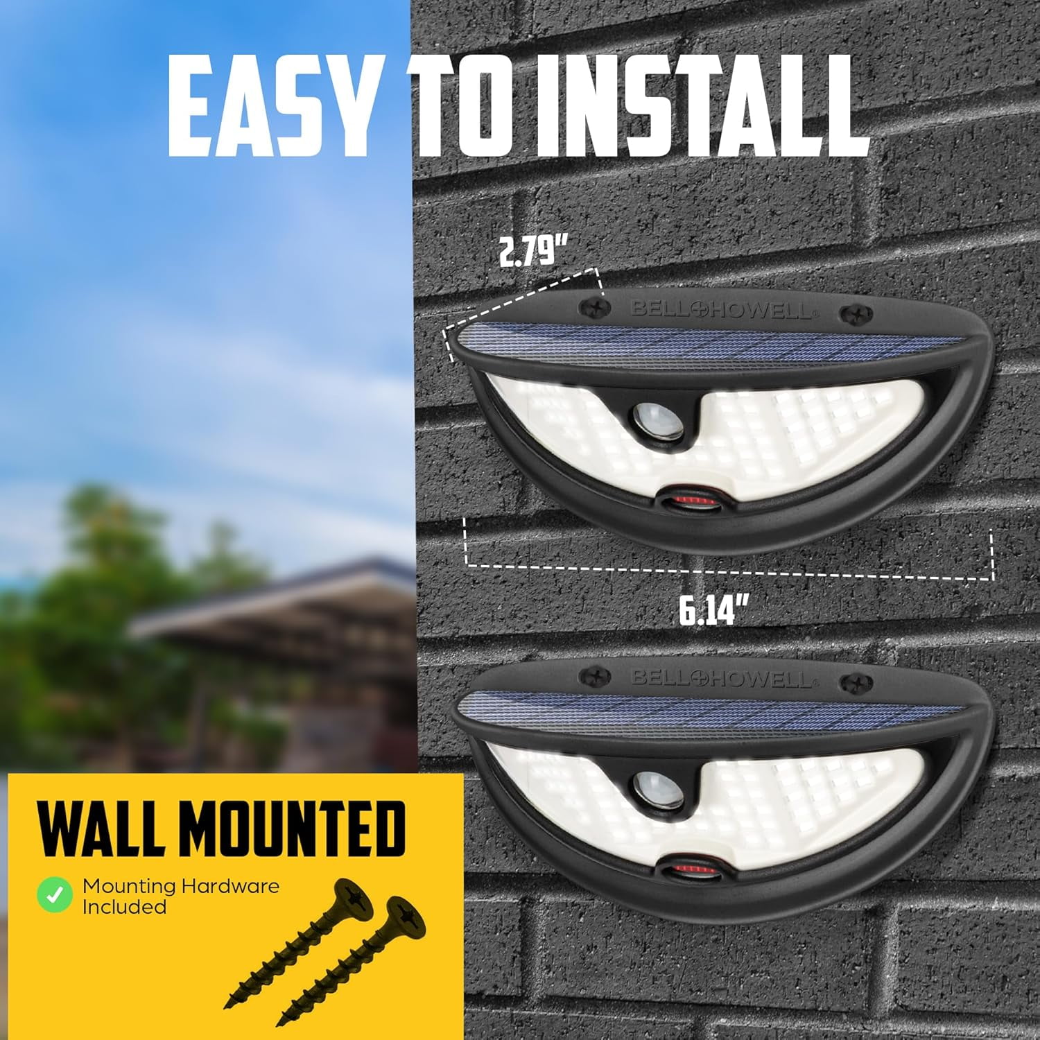 Bell + Howell Wall Light Max - 2 Pk Solar Flood Lights Outdoor with Built-In Decoy Camera, 220 Lumens Motion Sensor Lights, IP65 Waterproof, Automatic Intelligence, Wireless Security Flood Lights