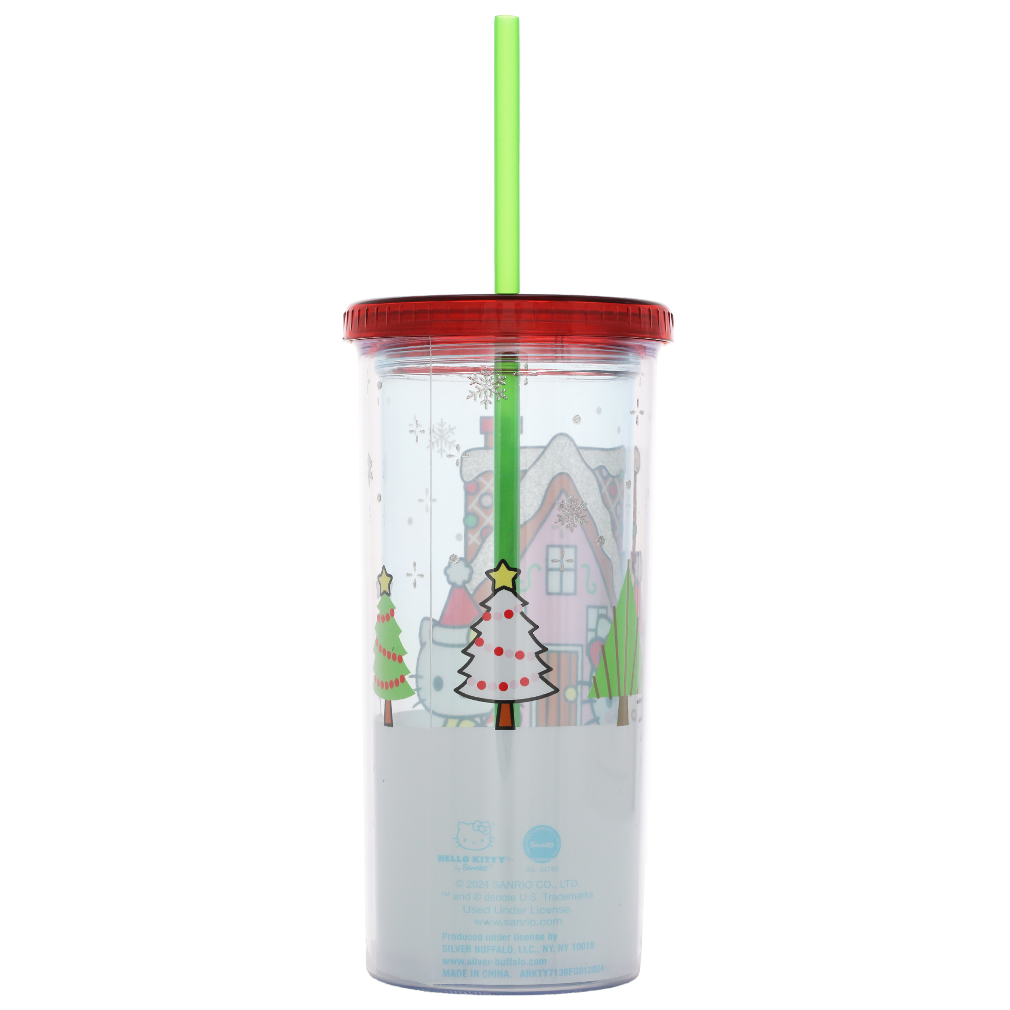 Hello Kitty Holiday Santa Outfit Glitter 20 oz Plastic Tall Cold Cup with Lid and Straw