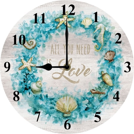 Eveokoki 10 Inch Beach Decorative Wall Clocks Silent Battery Operated,Love Beach Farmhouse Wooden Clock for Bathroom Kitchen Bedroom Pool Cottage Living Room