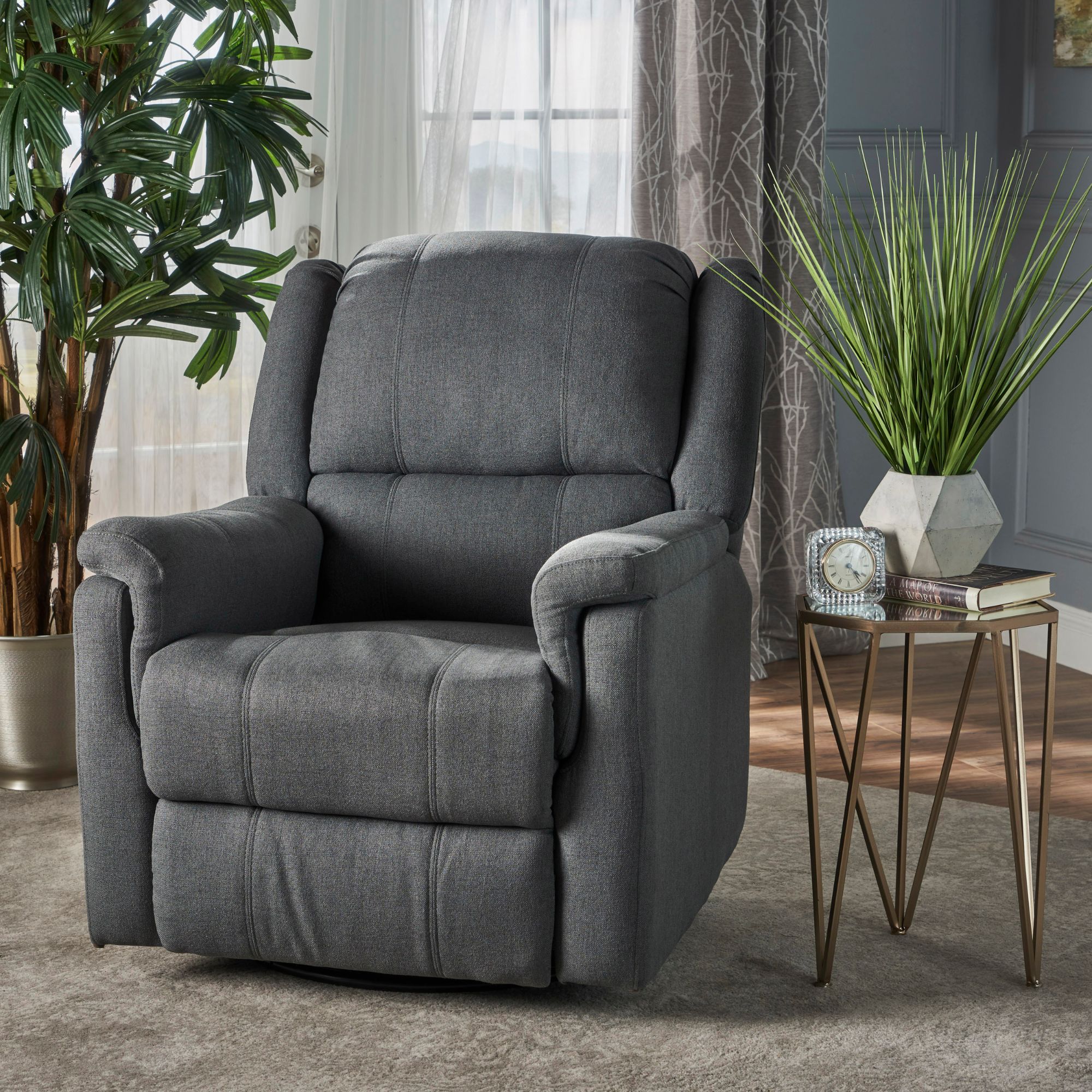 38.5" Charcoal Gray and Black Contemporary Solid Tufted Swivel Gliding