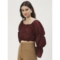 thumbnail image 2 of DressBerry Women's Solid Poly Rayon Square Neck Ruffled Border Cropped Blouse Long Balloon Sleeves Casual&nbsp;Summer Wear Above Waist Length Regular Short Top, 2 of 7