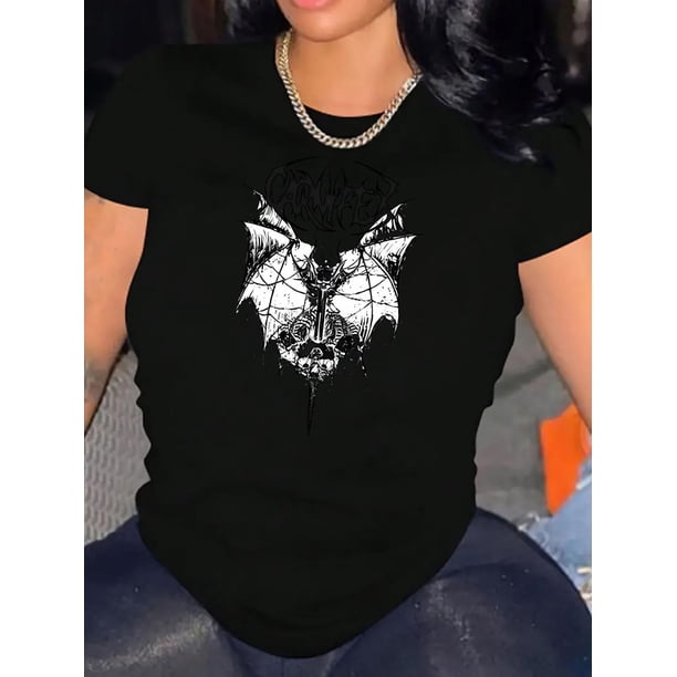 Creative Bat Wing Pattern Printed Women'S Trendy Round Neck Short Sleeve, Simple Casual Sports T-Shirt, Comfortable Summer Top for Holidays.