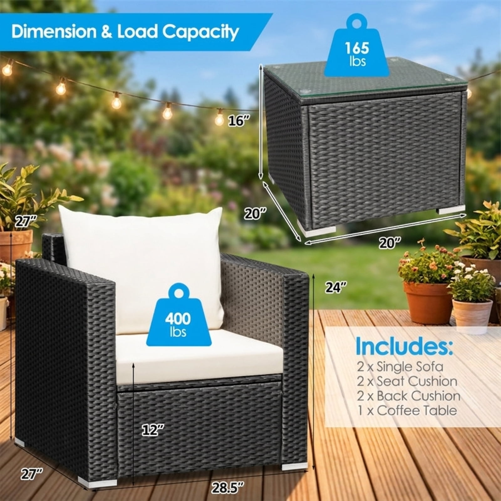 Biotree Patio Furniture Set 3 Piece Wicker Conversation Set with cushions and glass table outdoor conversation set for garden backyard porch balcony, White