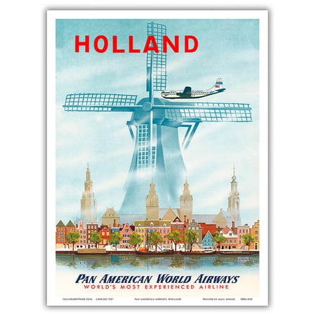 Holland - Netherlands Dutch Windmill - Pan American World Airways - Vintage Airline Travel Poster 1951 - Master Art Print (Unframed) 9in x 12in