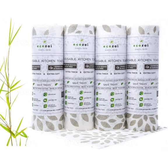 Bamboo Kitchen Paper Towels, Reusable Tree-Free Rolls with Design, 4 Pack