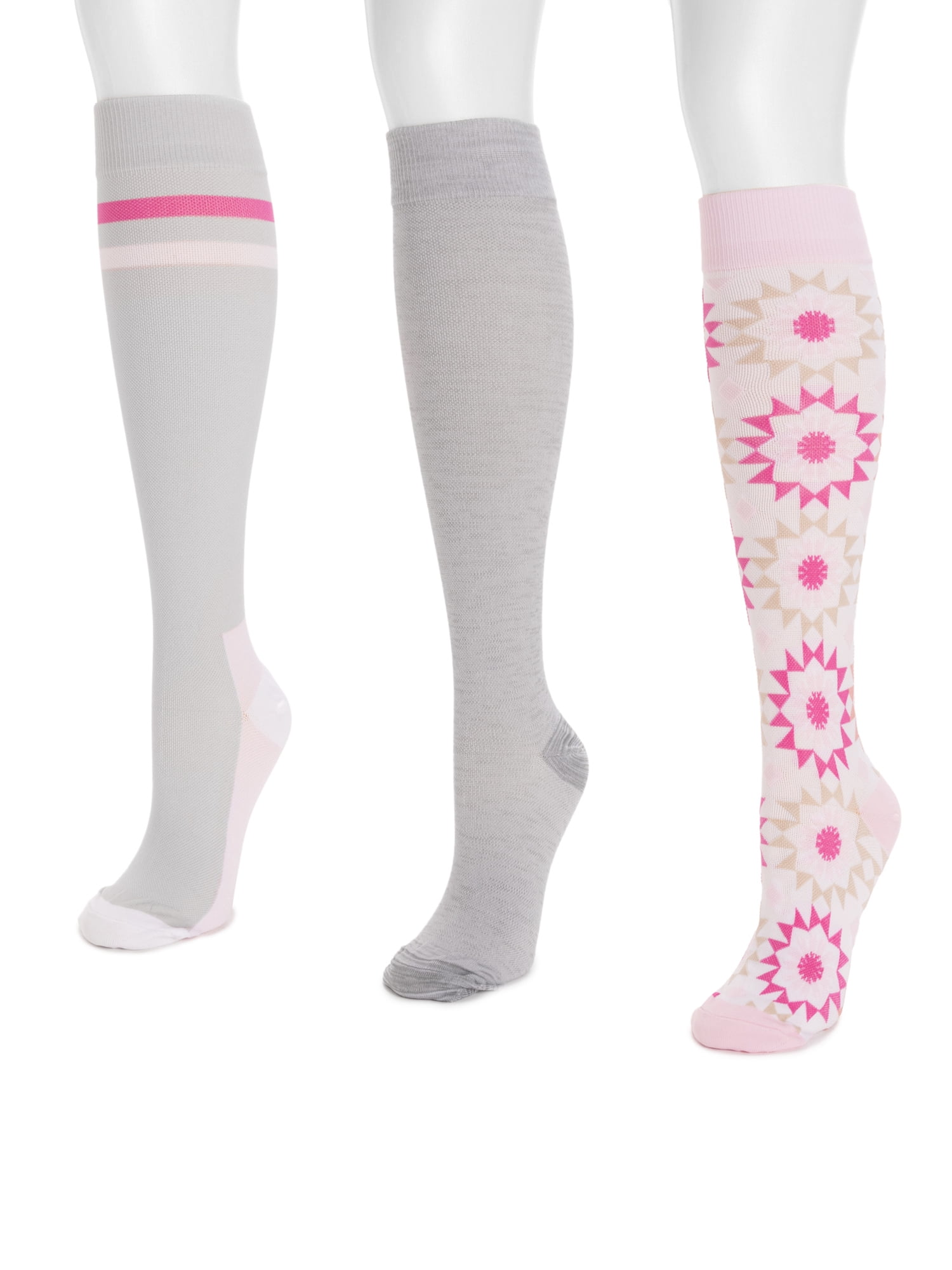 MUK LUKS Women's Wide Width Compression Nylon Knee-High Socks, 3-Pack, Shoe Size 6-10