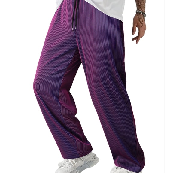 LWavelet Men's Vertical Striped Wide Leg Pants - Breathable Lightweight Fabric Drawstring Waist Stylish Casual Daily Relaxed Trousers Purple 2XL