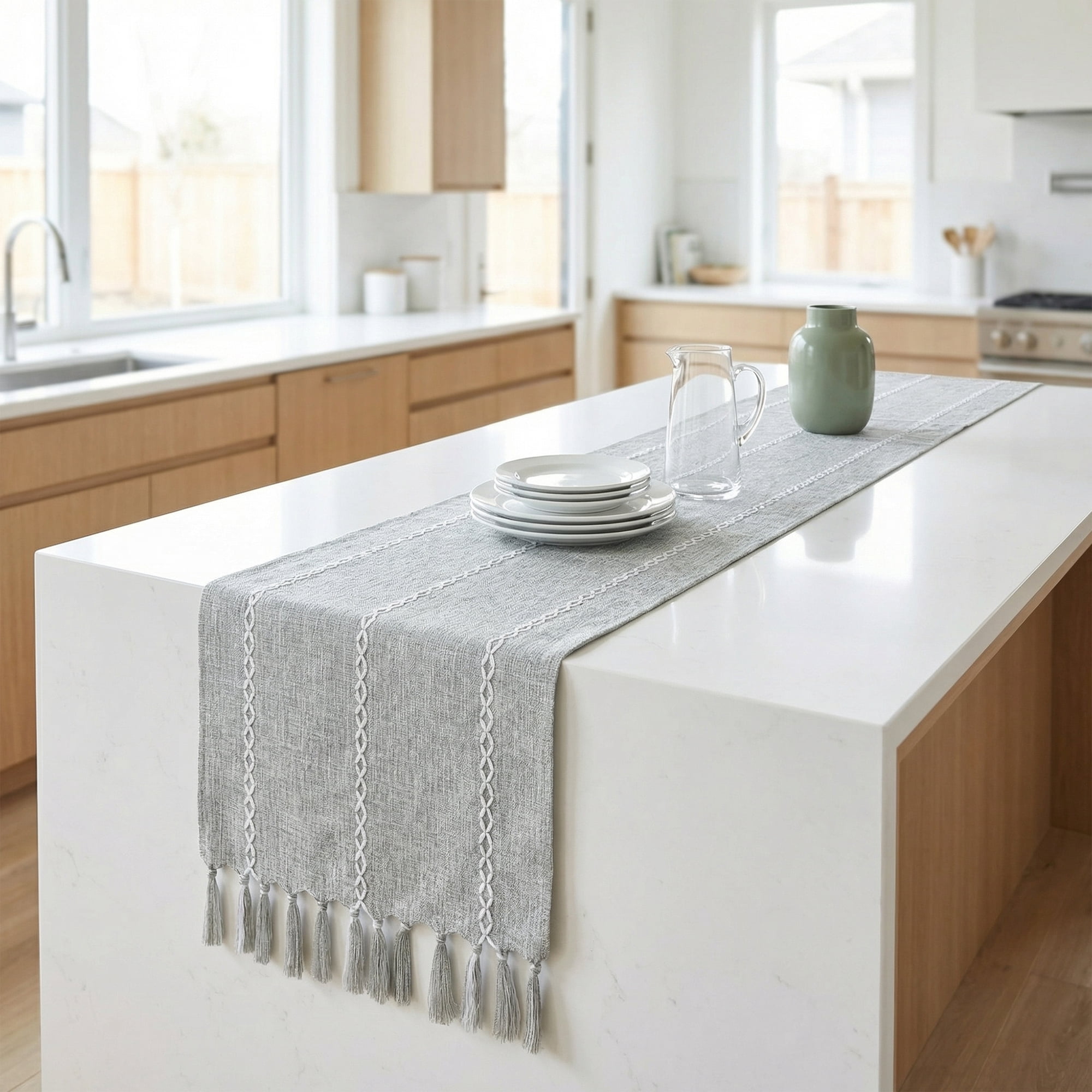 Unique Bargains Washable Polyester Kitchen Runner with Tassel for Dining Gray 13"x89.8"