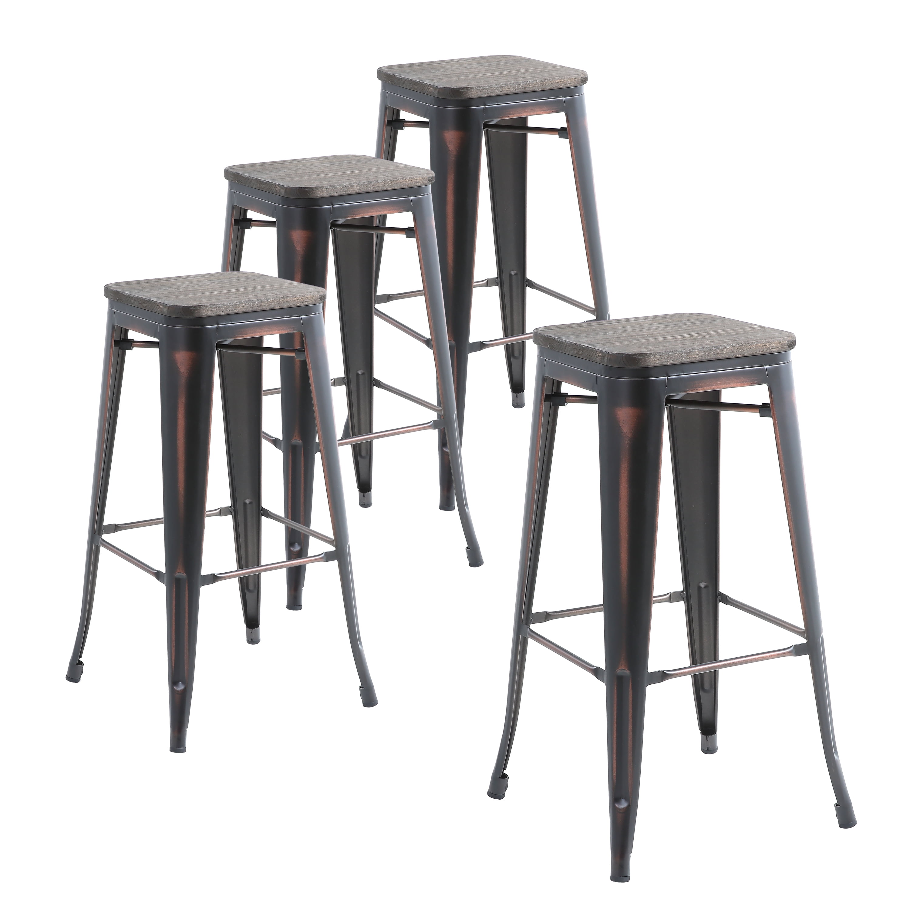 Buschman Set of Four Distressed Black Wooden Seat 30 Inches Counter High Tolix Style Metal Bar Stools Indoor Outdoor Stackable