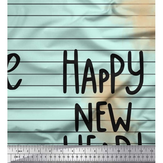 Soimoi Green polyester Crepe Fabric Stripe & Happy New Year Text Print Fabric by the Yard 52 Inch Wide