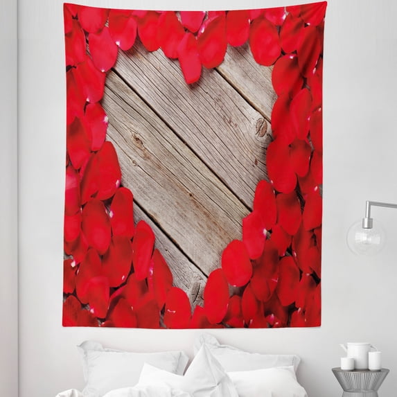 Rose Tapestry, Vibrant Red Rose Petals on Wood Planks Forming a Heart Shape Romance Love Passion, Fabric Wall Hanging Decor for Bedroom Living Room Dorm, 5 Sizes, Vermilion Cocoa, by Ambesonne