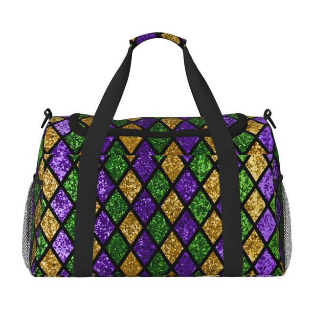 Fotbe Mardi Gras Shiny Green Purple Bolsa de Viaje con Estampado, Bolsa de Fin de Semana para Mujer con Compartimento para Zapatos, Bolsa de Gimnasio con Bolsillo Húmedo