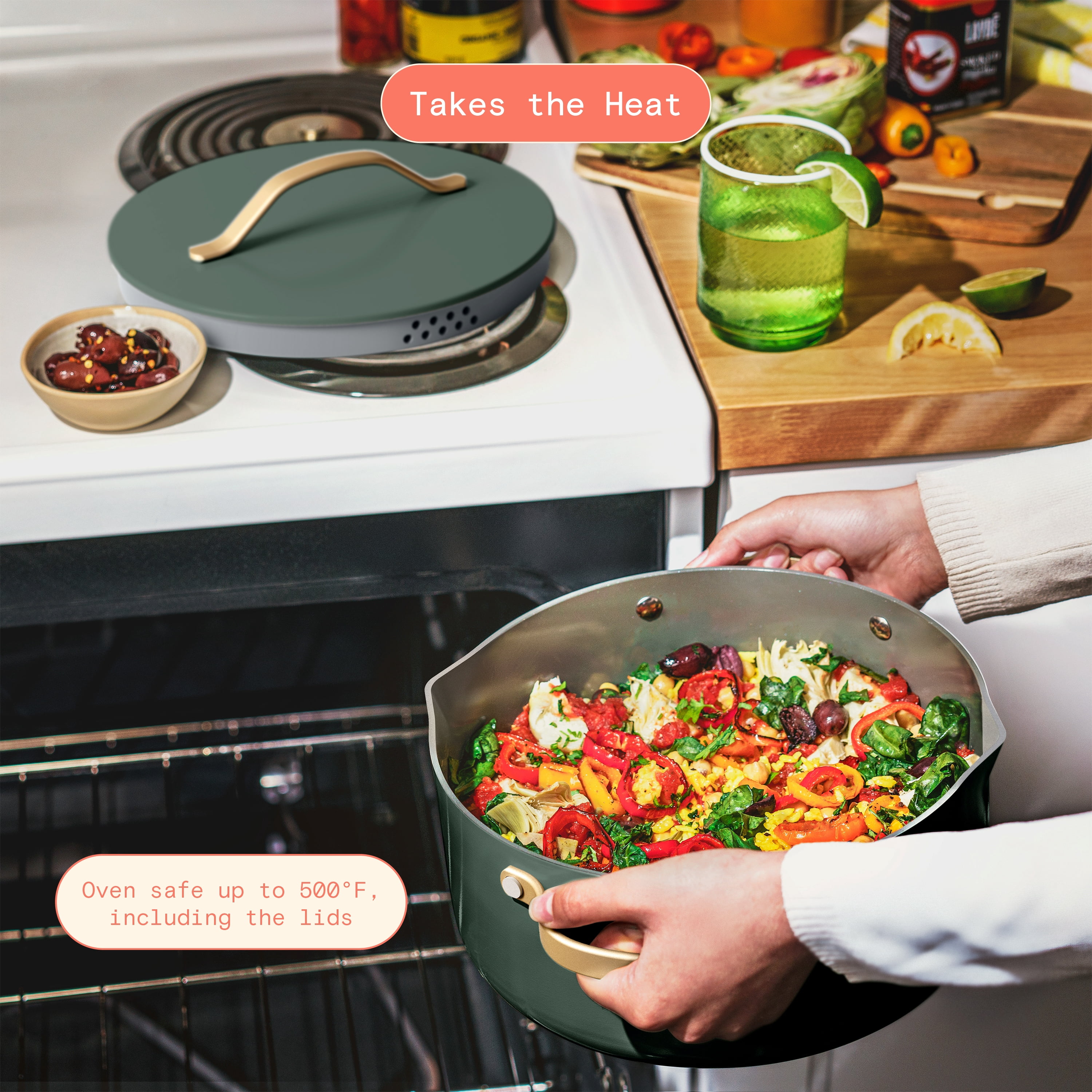 Beautiful by Drew Barrymore 12-Piece Cookware Set with Strainer Lids and EverGood Ceramic Nonstick Coating, Thyme Green