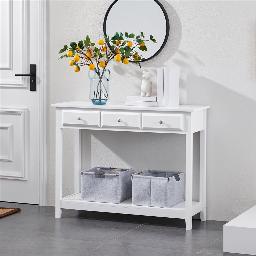 Topeakmart 3-Drawer Wooden Console Table Entryway Table with Storage Shelf Pine Wood Legs, White