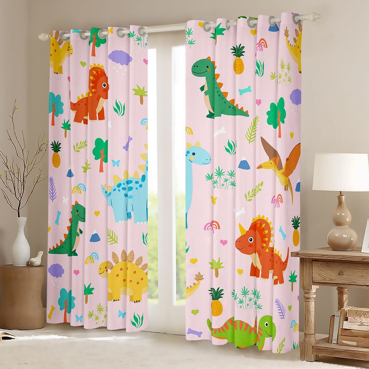 Homewish Kawaii Dinosaur Animal Black Out Curtains, Cartoon Style Curtains Pack of 2 (42x63 Each), Teens Kids Boys Girls Bedroom Curtains, Living Room Curtains Decor