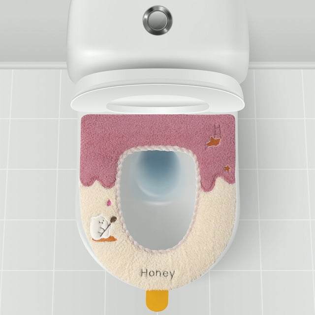 Thickened Polyester Toilet Seat Cover Cushion for Fall Winter - Warm Furry Bathroom Toilet Mat with Handle - Soft Comfortable Waterproof Stain Resistant - 43x37x3cm Multicolor Household