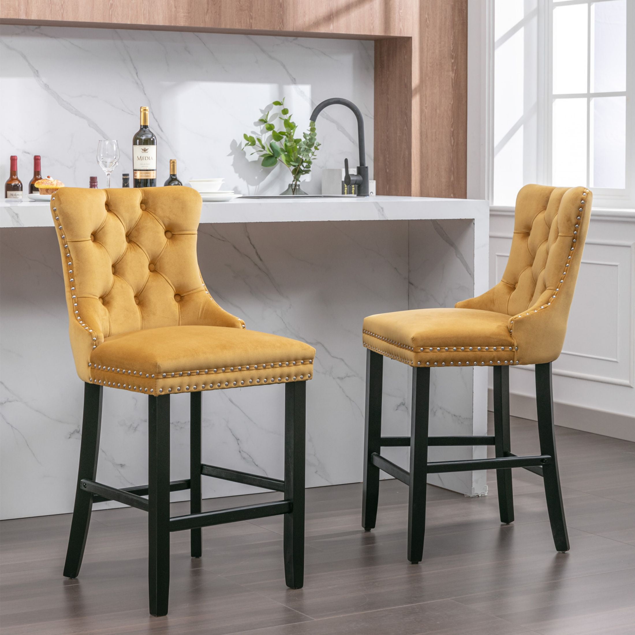 Paproos Upholstered Bar Stools Set of 2, Velvet Barstools with Wood Legs and Tufted, Modern Leisure Counter Height Bar Chairs with Chrome Nailhead Trim for Home Pub and Kitchen Island, Gold