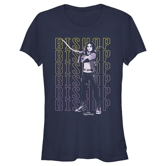 Junior's Marvel Hawkeye Kate Bishop Name Stack Graphic Tee Navy Blue Small