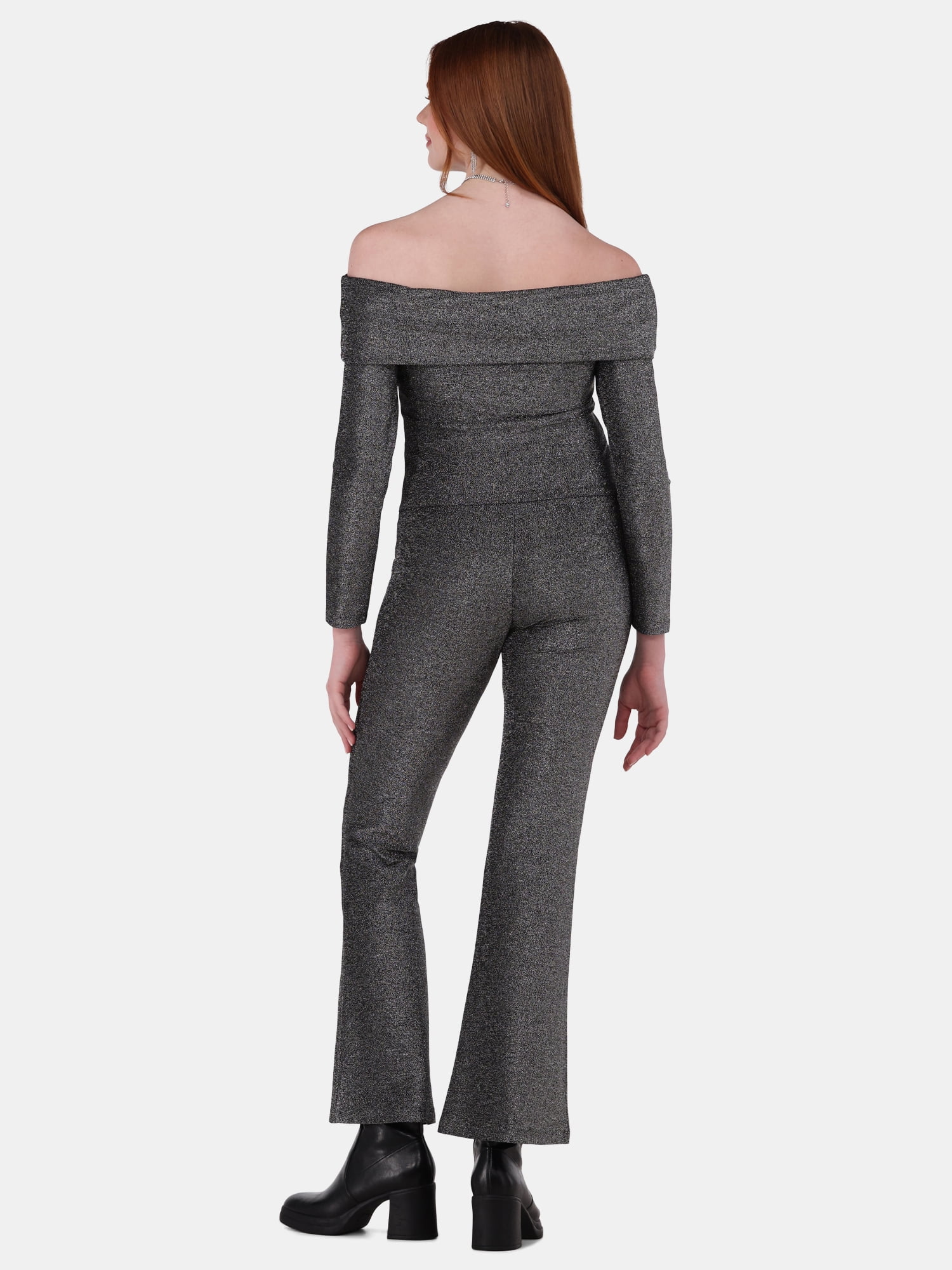 No Boundaries Metallic Off the Shoulder Top and Flare Pant Set, 2-Piece, Women's