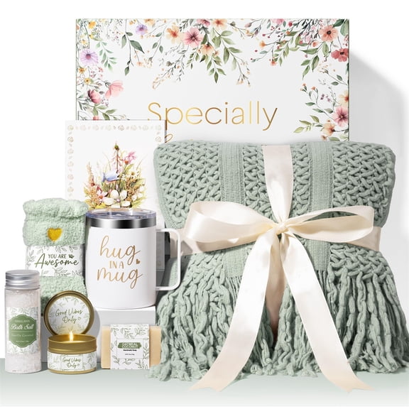Self Care Gifts for Women, 8 Pcs Birthday Gift Get Well Soon Gift Baskets, Thinking of You Sympathy Gifts Baskets Spa Care Package with Knitted Tassel Blanket, Mothers Day Gifts for Mom, Sage Green