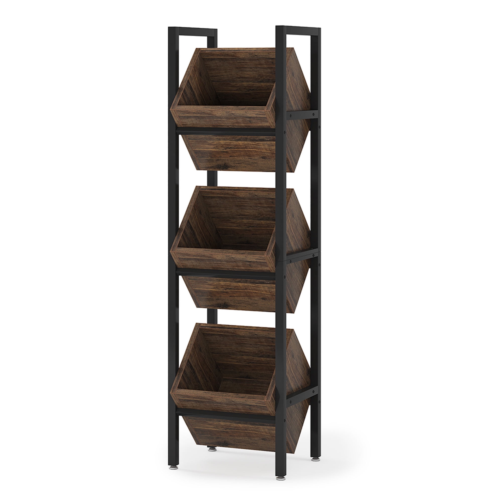Kiootto  15" Industrial 3-Tier Storage Bin Organizer, Rustic Brown Wooden Vertical Stand with Angled Baskets for Kitchen, Pantry, and Bathroom, Black Frame
