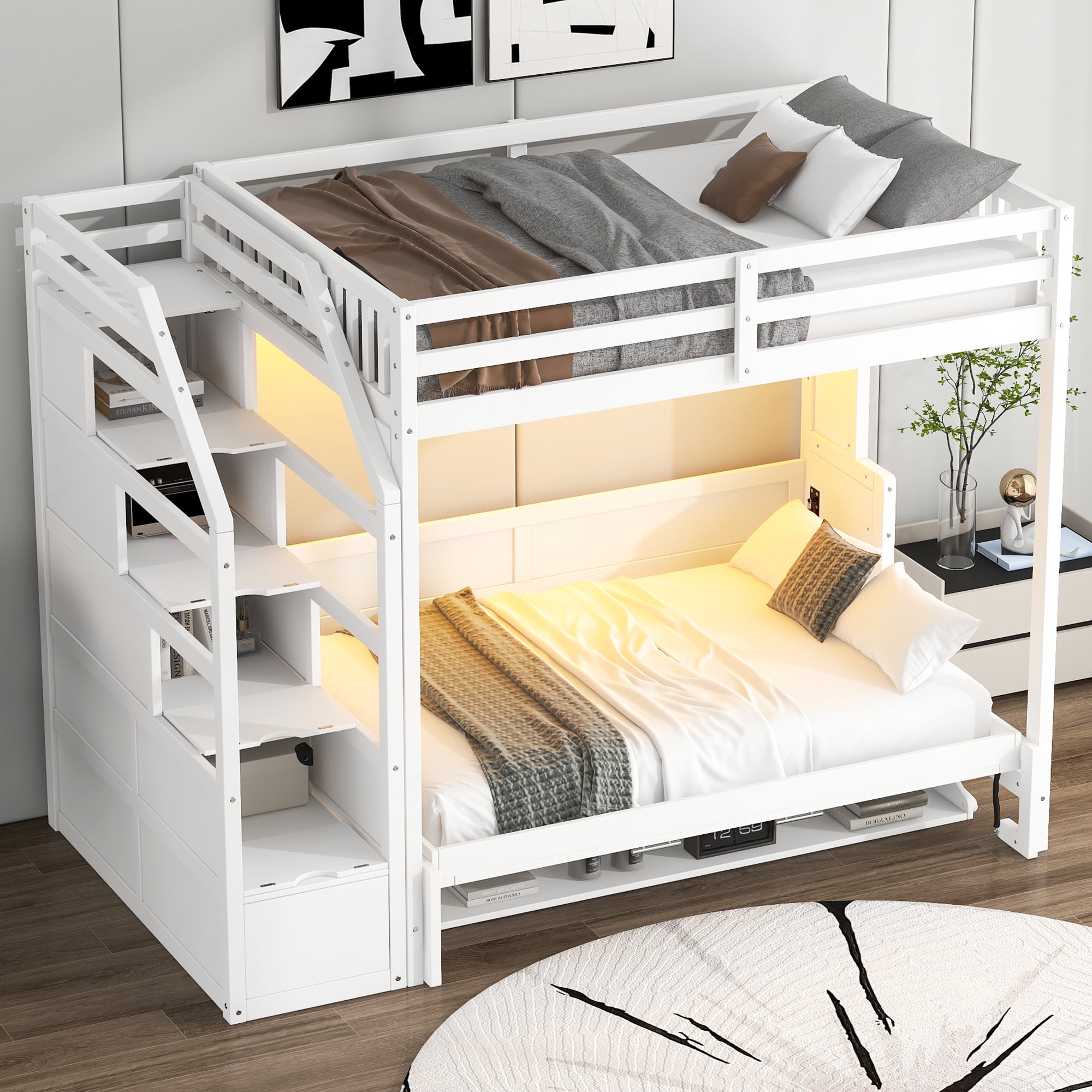 Euroco Wood Full XL Loft Bed with Storage Staircase, Full Murphy Bed with Desk and LED Light, Convertible Bunk Bed, White