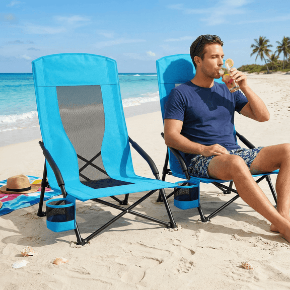 LAZY BUDDY 2 Pack High Back Beach Chair with Carry Bag, Folding Camping Chair with Cup Holder, Breathable Mesh Back