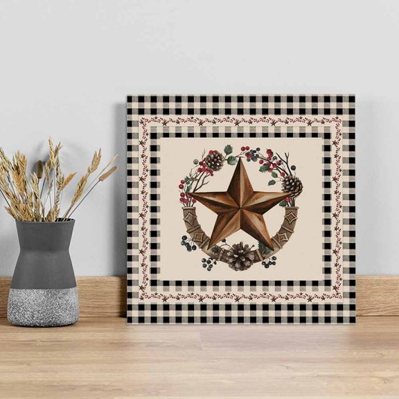 Farmhouse Wall Art Painting on Canvas, Country Star Berry Plaid Lodge Grey Brown Canvas Art Home Prints Wall Art Framed Modern Artwork for Living Room Bedroom Wall Decor 16x16in