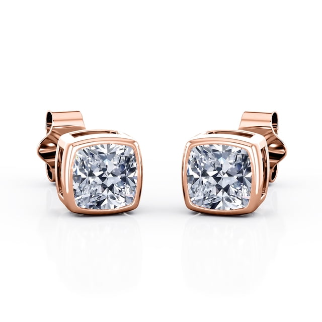 JeenMata Aros Tipo Botón con Solitario de Moissanita en Forma de Cojín de 1 Quilate Engastados en Bisel en Baño de Oro Rosa de 18 K sobre Plata