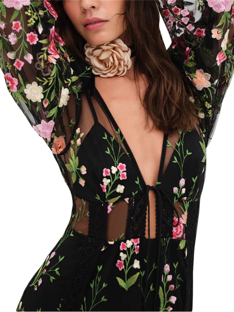 Women Sexy Sheer Mesh See Through Maxi Dress Floral V Neck Cut Out Long  Beach Dress Summer Backless Bikini Cover Up Dresses - Walmart.com