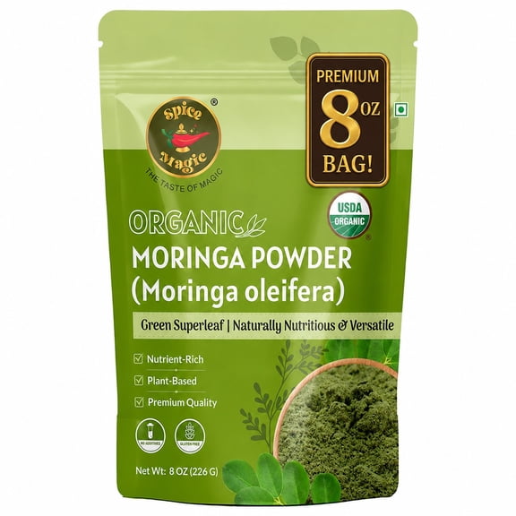 Spice Magic Organic Moringa Leaf Powder 8 oz (227 g) | USDA Organic Moringa Patta | Finely Ground | Lab Tested | Resealable Pouch