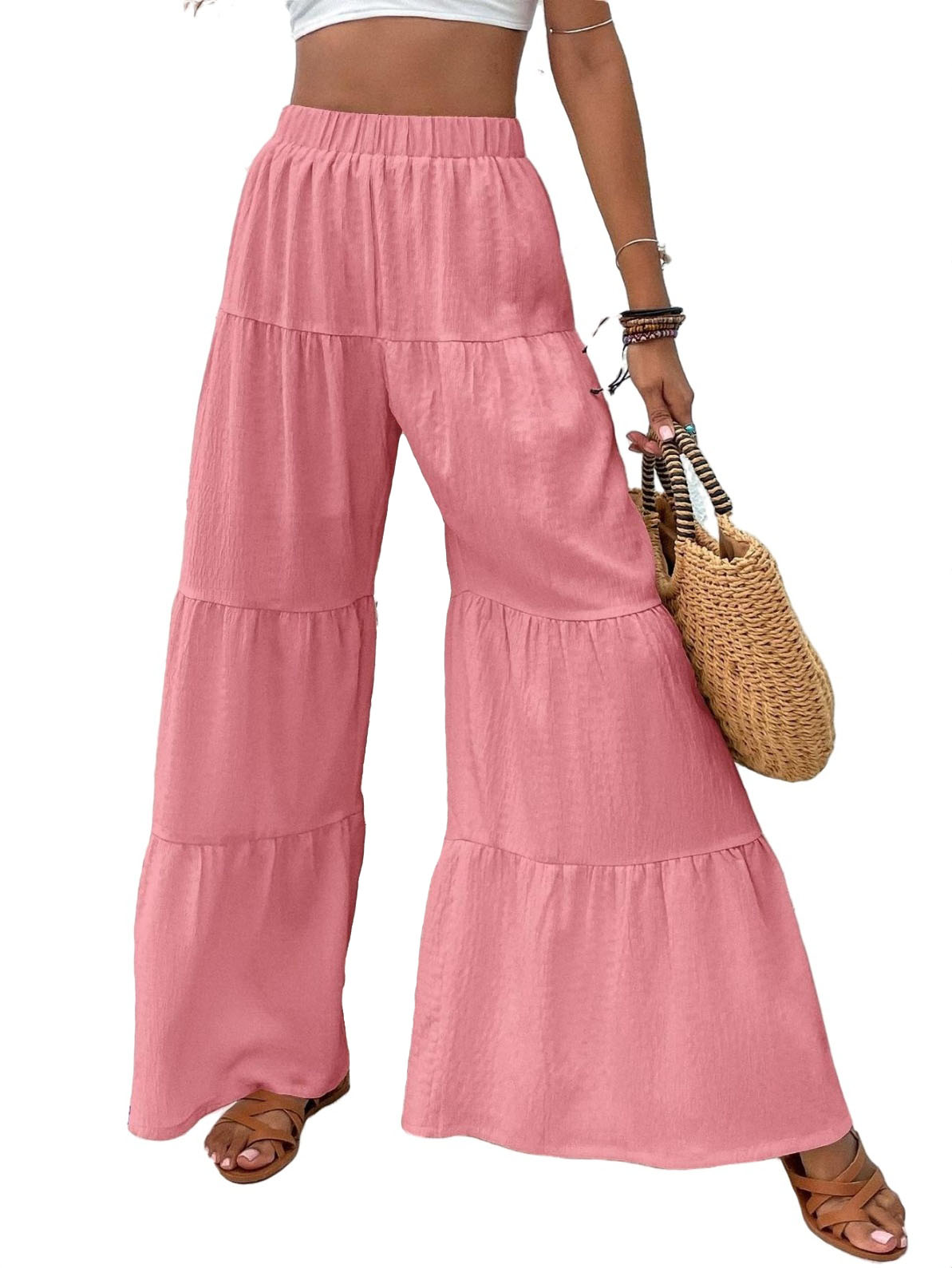 Womens Wide Leg Pants Boho Ruffle Hem High Waist Pink XS
