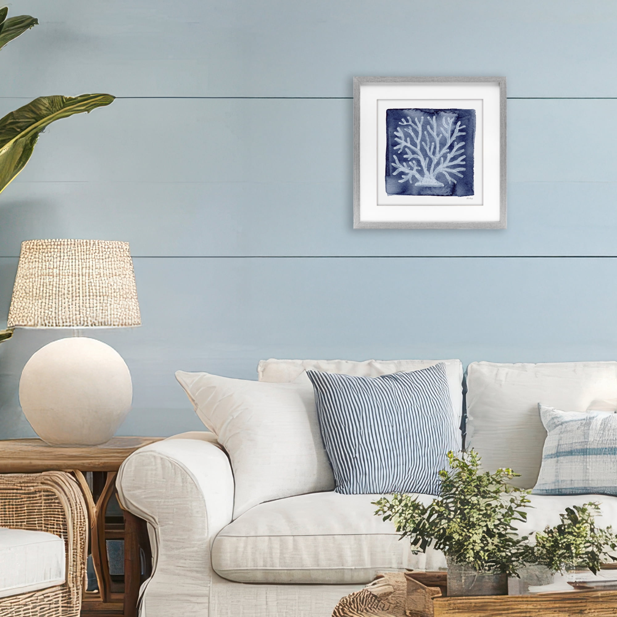 Stupell Industries White Coral on Indigo Gray Framed Print Under Glass, design by Patti Bishop