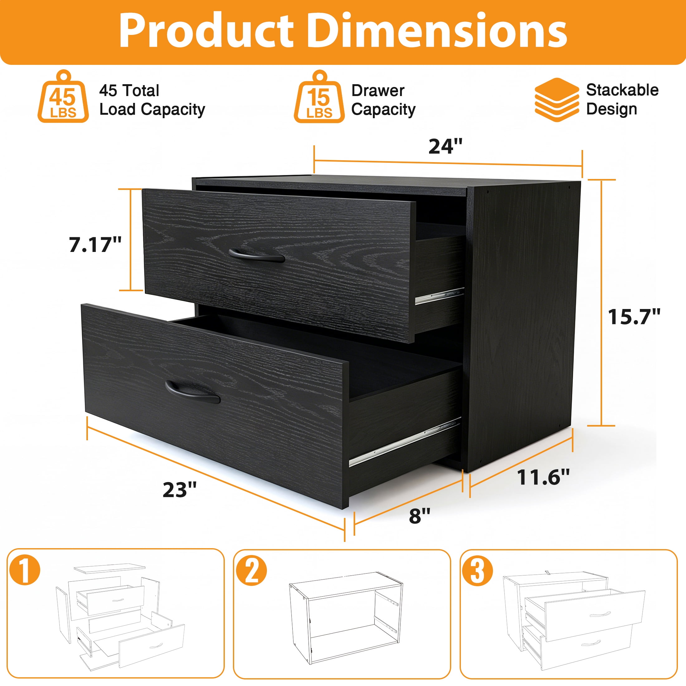 Prilinex 2 Drawer Dresser for Bedroom Set of 4, Stackable Storage Drawers Closet Organizers and Storage, Modern Wood Dressers with Anti-Tip for Bedroom, Living Room, Black