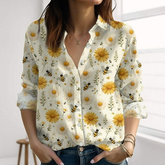 Bee Sunflower Linen-Look Shirt, Botanical Flowers Shirts Women, Nature Love Blouses Tops Women,Womens Button Down Shirts,Summer Vibes Gift
