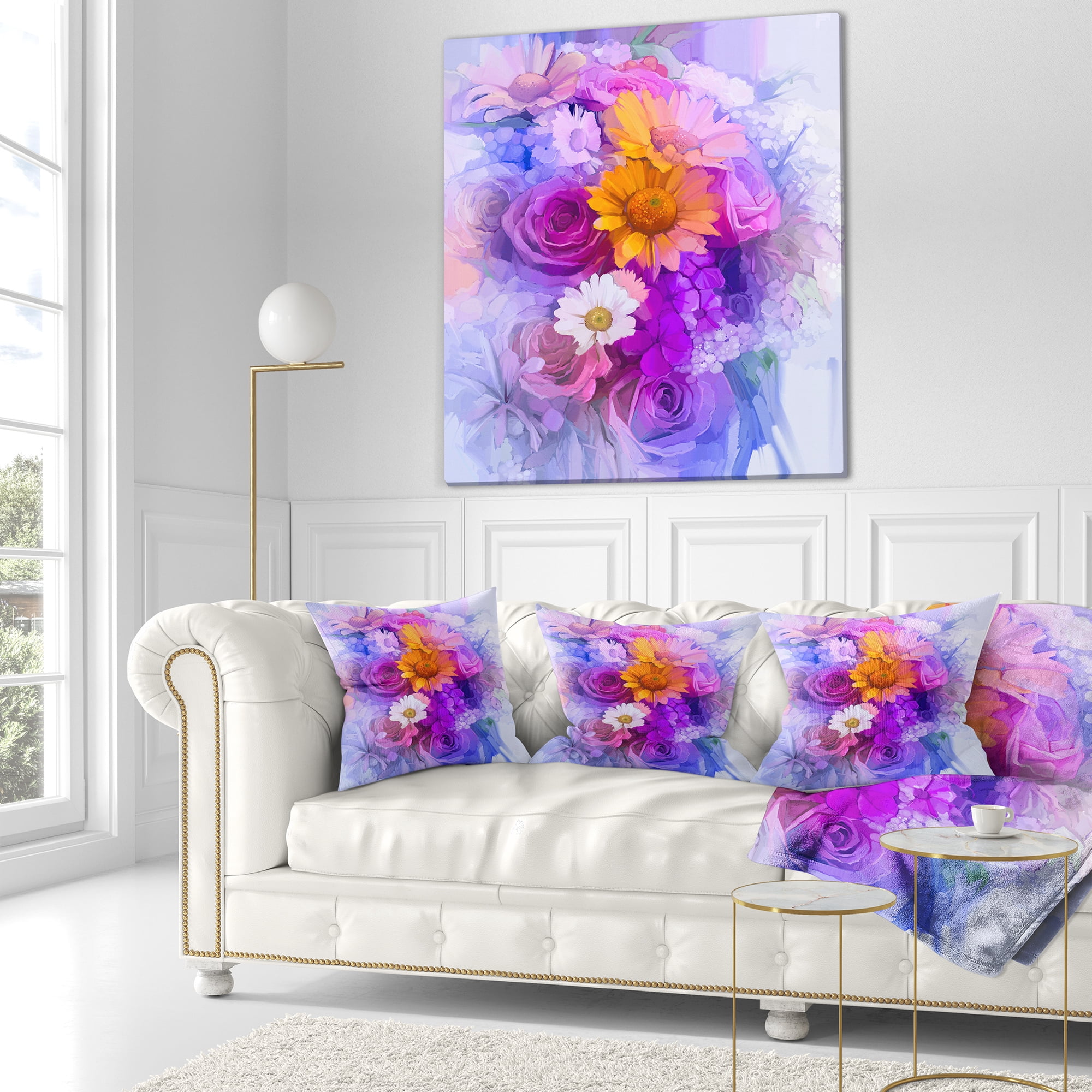 Designart Rose Daisy and Gerbera Flowers - Floral Throw Pillow - 18x18