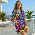 thumbnail image 3 of Xoenoiee Watercolor Colorful Leopard Print Bathing Suit Cover Up for Women Lightweight Swimsuit Coverup Dress Long Sleeve Button Shirt Beach Cover Ups Summer Vacation Outfit, L, 3 of 7