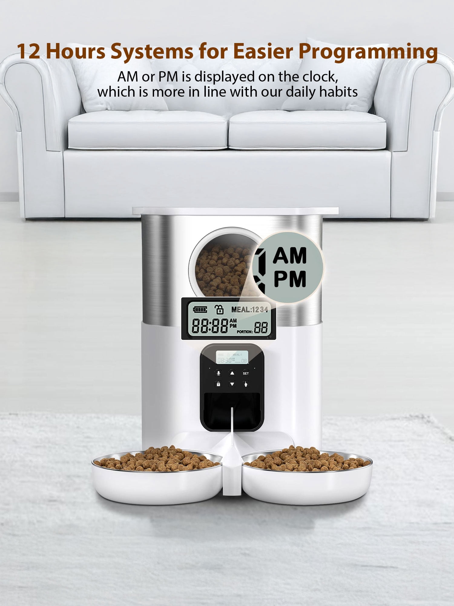 FURCLAN  Automatic Cat Feeder for 2 Cats, 5L Cat Automatic Feeder with Timer, Voice Function and 2 Stainless Steel Bowls for Cats and Small Pets, White
