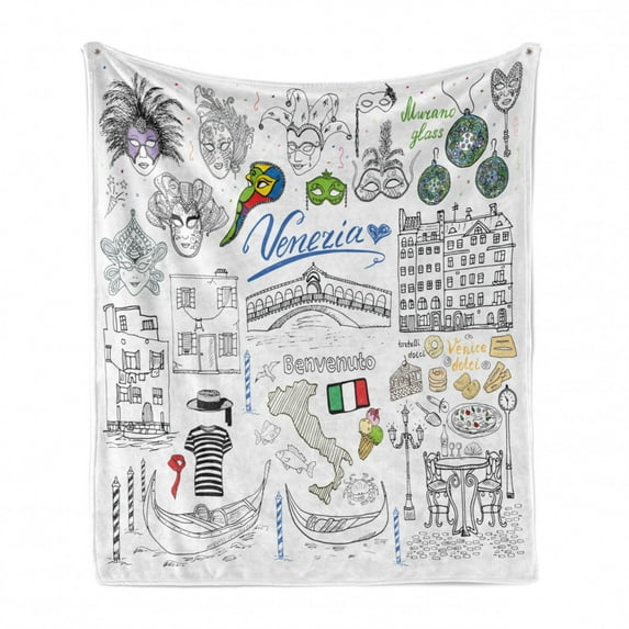 Venice Soft Flannel Fleece Throw Blanket, Venezia Calligraphy with Elements Symbolizing Italy Drawn by Hand, Cozy Plush for Indoor and Outdoor Use, 70" x 90", Charcoal Grey Multicolor, by Ambesonne