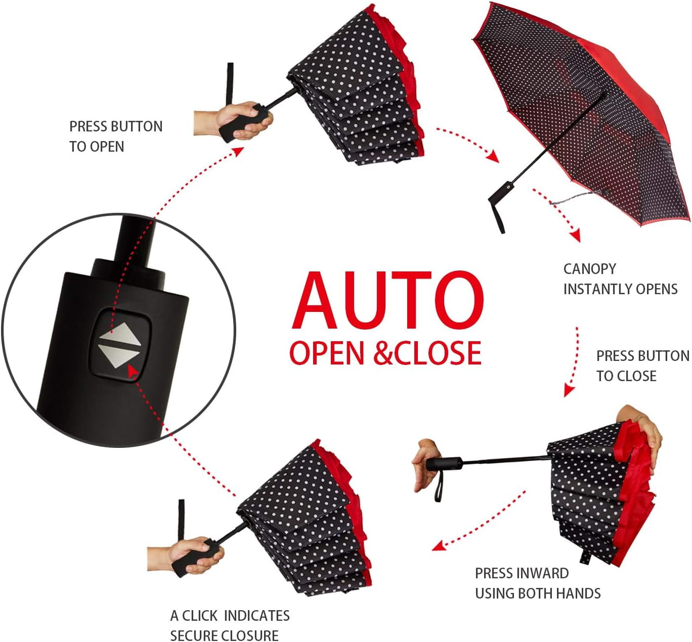 Kabum Inverted Umbrella Double Layer Automatic Folding Reserve Umbrella Windproof UV Protection for Rain Car Travel Outdoor Men Women, Red Dot