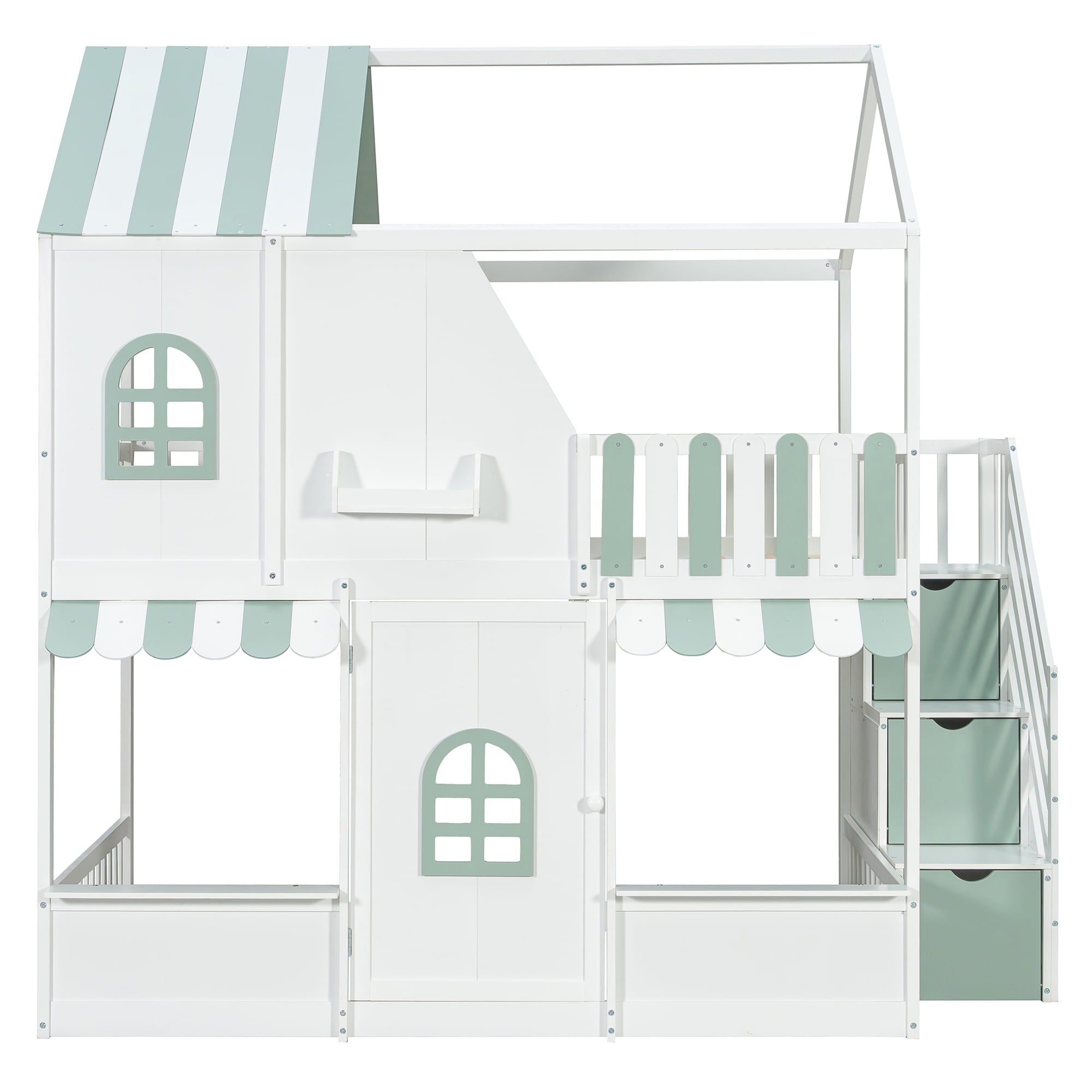 Leumius Full Over Full House Bunk Bed with Storage Staircase & Shelves, Wooden Kids Bunk Bed Frame with Playhouse Design, Roof & Door, Storage Steps and Open Shelving for Boys Girls White+Green