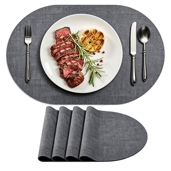 Placemats Set of 4, Heat Resistant Oval Faux Leather Place Mats 11.8 x 16.9 Inch, Waterproof Wipeable Reversible PU Placemat for Kitchen Dining Table, Indoor & Outdoor