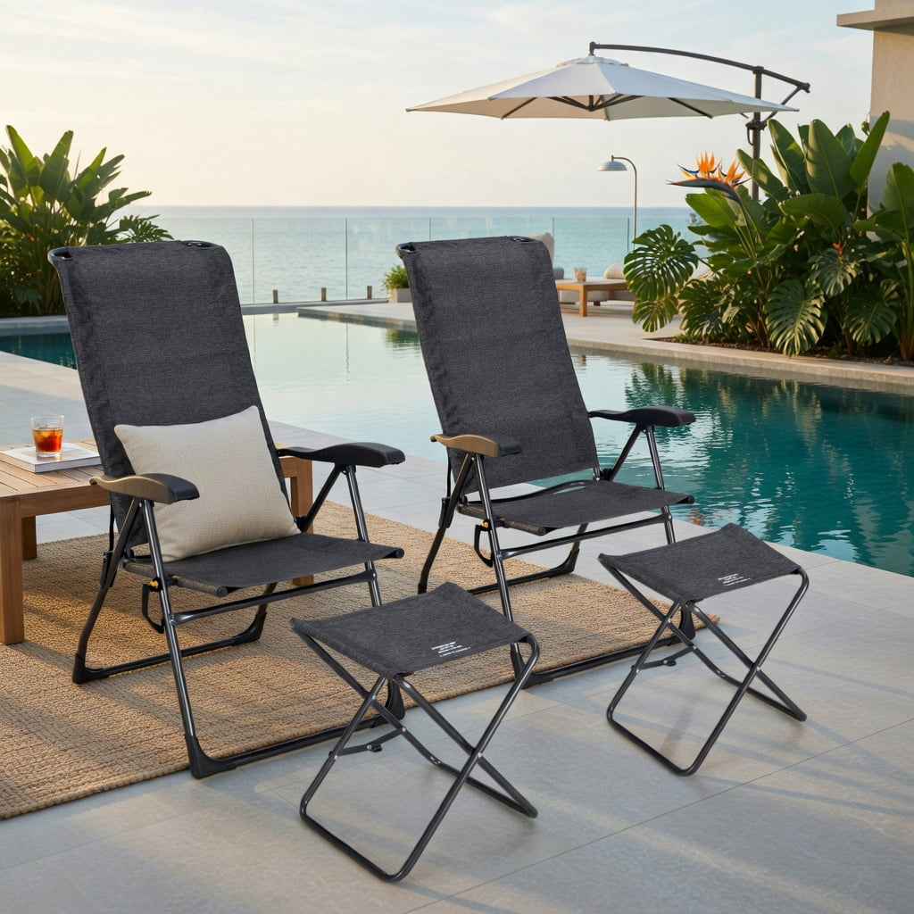 Hommoo 4-Piece Adjustable Reclining Patio Chair & Ottoman Set, Steel Frame with Breathable Mesh, Foldable Outdoor Dining Chairs for Backyard, Garden, Poolside, Gray