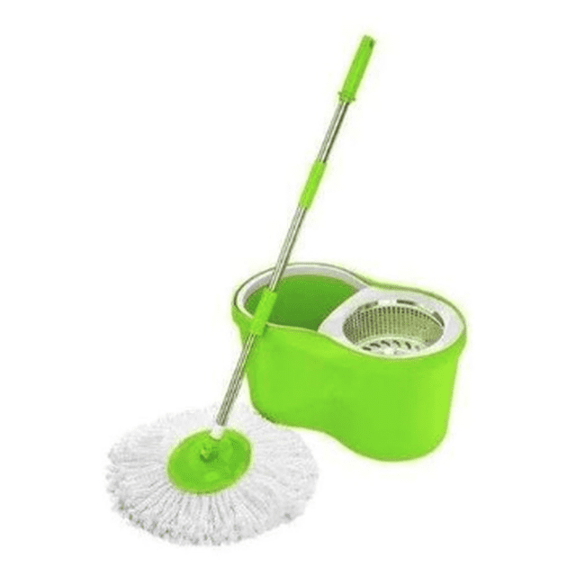 trapeador giratorio de 360° con exprimidor de acero inoxidable, mango extensible y mop de repuesto; cubeta verde con escurridor metálico integrado y mango telescópico con cabeza de microfibra blanca, también se usa para enjuagar pisos pequeños y limpieza rápida de rincones.