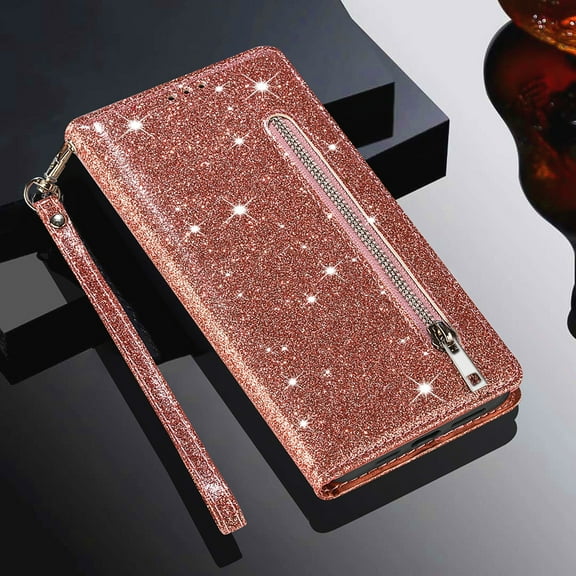ELEHOLD Stylish Flip Wallet Case for Google Pixel 10 Pro XL,Bling Glitter Leather Zipper Pocket Card Slots Kickstand Function Magnetic Clasp Detachable Lanyard Purse Case,Rosegold