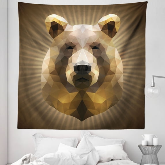 Bear Tapestry, Polygon Style Fractal Grizzly Portrait Triangular Geometric Fractal Modern Design, Fabric Wall Hanging Decor for Bedroom Living Room Dorm, 5 Sizes, Cocoa Ginger, by Ambesonne