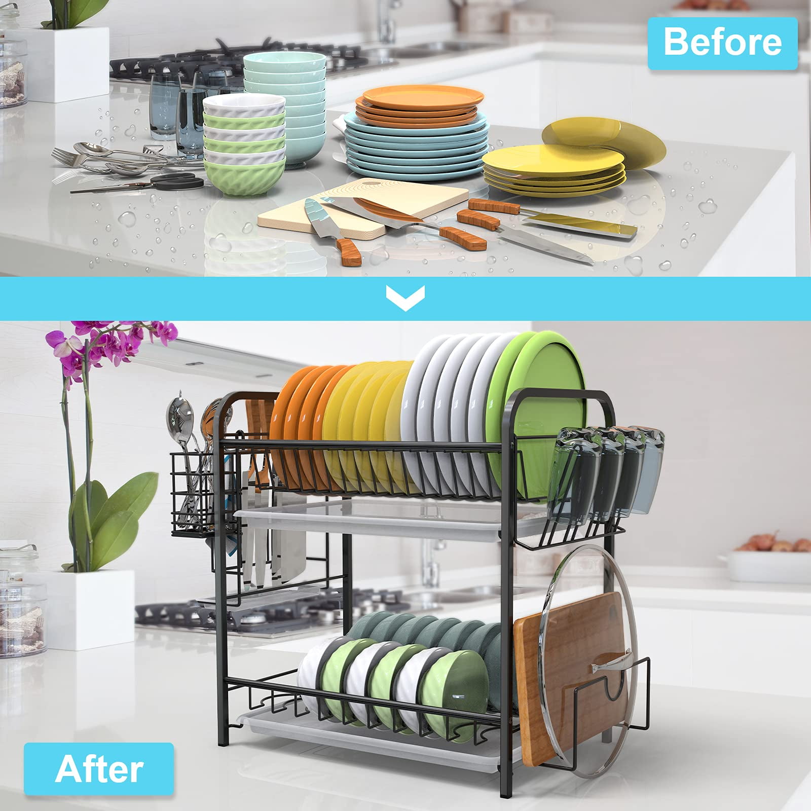 HMGDFUE Large Dish Drying Rack,17 D x 11.9 W x 16.7 H Dish  Racks for Kitchen Counter,2 Tier Detachable Large Dish Drainer Organizer  with Utensil Holder Cutting Boards Holder Drain